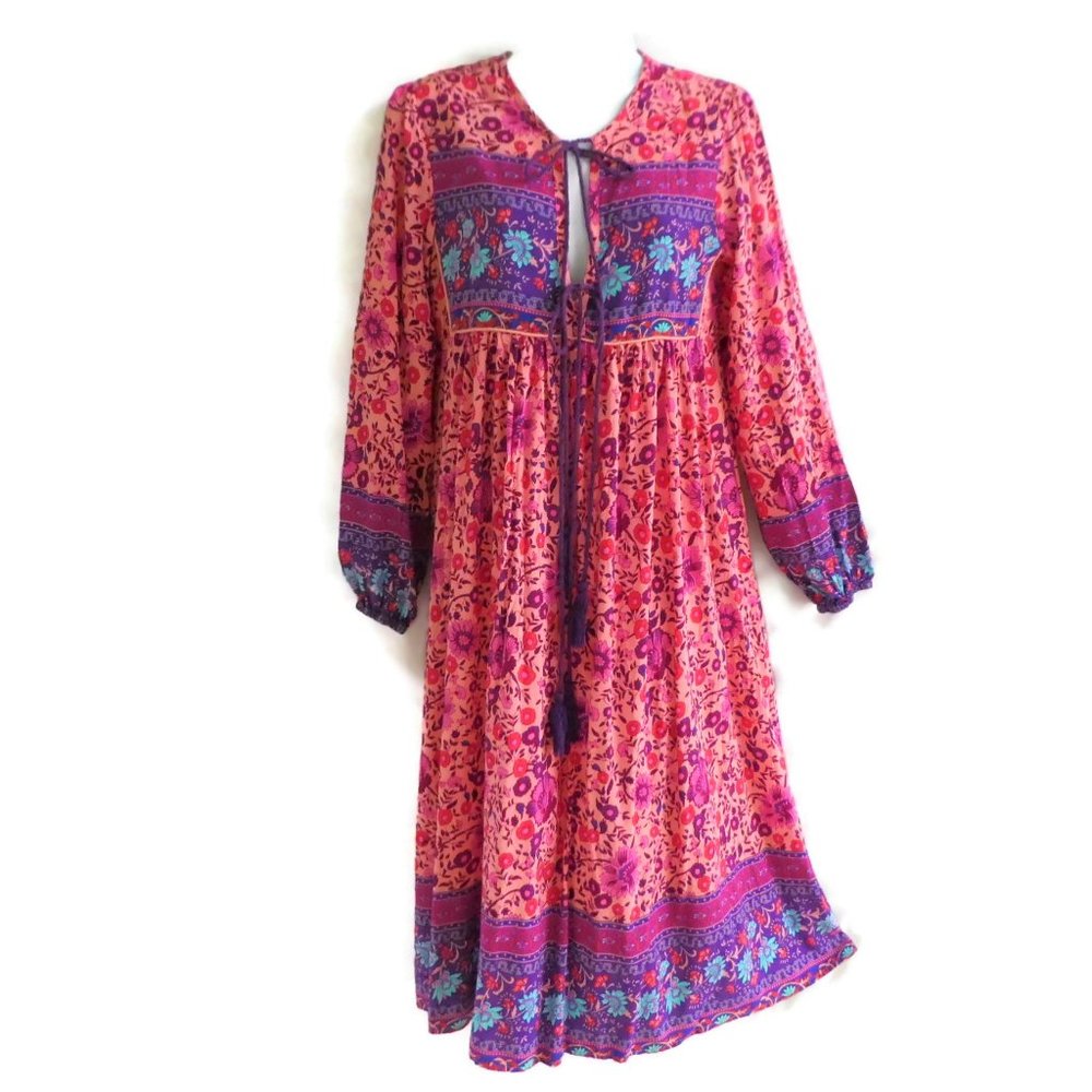 Dress Midi Boho Peasant Pink Purple India Floral Contrasting Border S